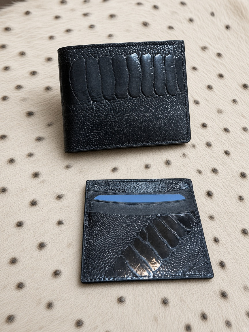 Black wallet and cardholder in ostrich leg leather