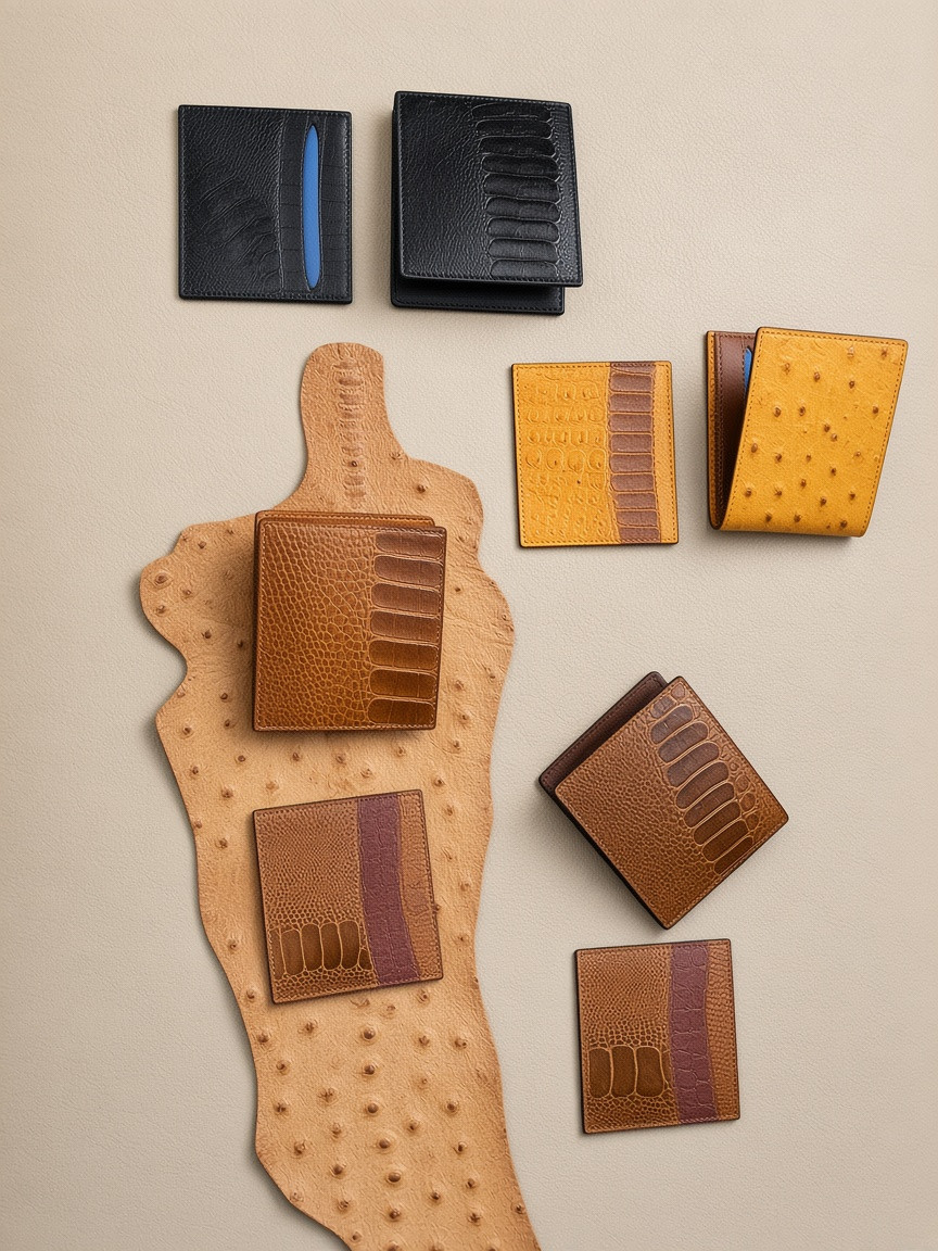 Wallets beside a raw ostrich-leg strip