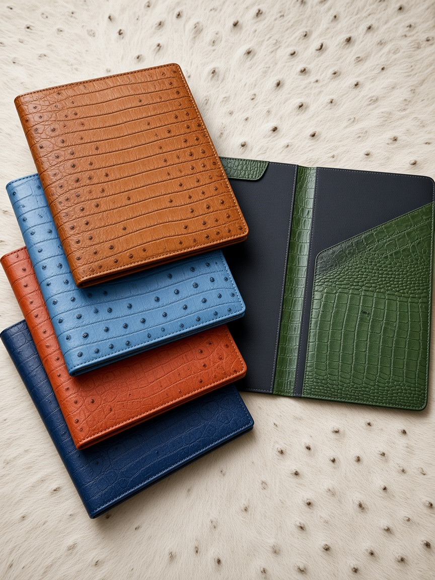Document folders in ostrich leg leather, in several colors