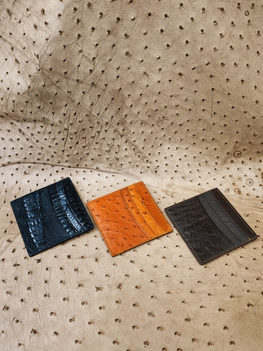 Three cardholders, black, cognac and brown, on an ostrich hide