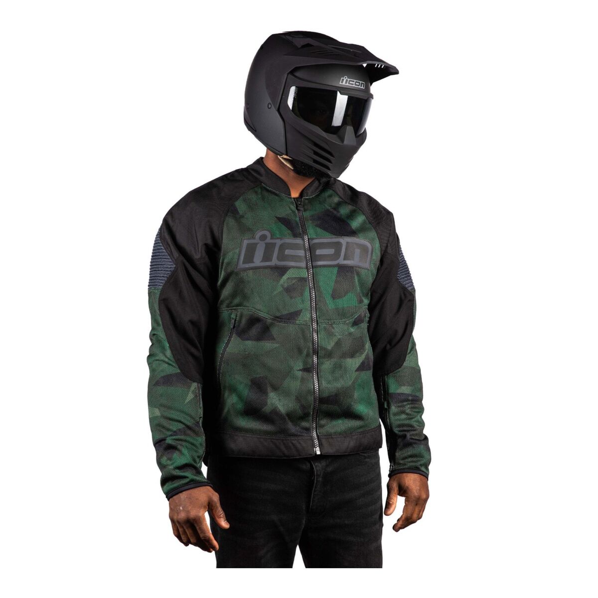 کاپشن موتورسیکلت Icon Overlord 3 مش Camo محافظ‌دار مشکی / سبز